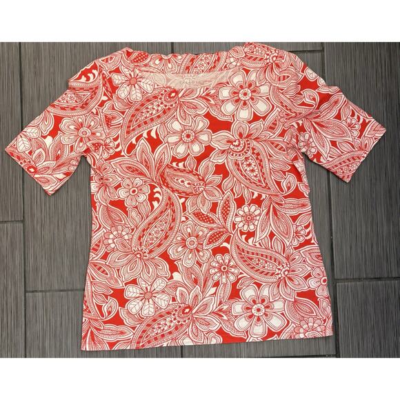 Talbots Red and White Paisley Top 100% Pima Cotton Size Small Scallop Neck - Picture 1 of 4